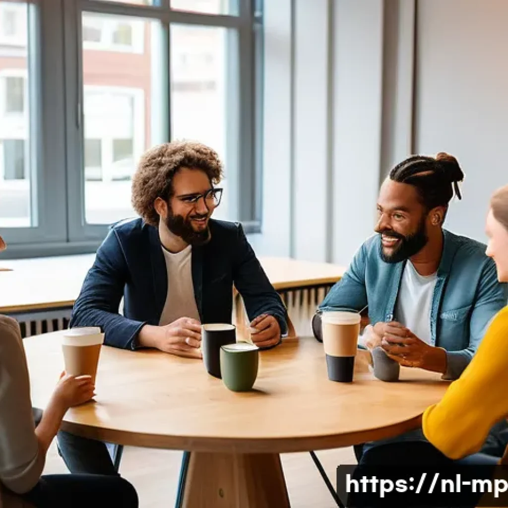 마이크로커뮤니티에서 영향력 있는 사용자 육성하기 - A vibrant Dutch microcommunity gathering in a modern coworking space in Amsterdam, featuring diverse...