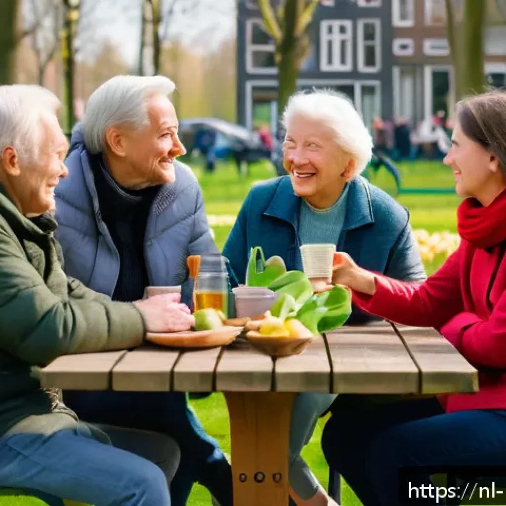 마이크로커뮤니티의 상호작용 촉진 방안 - A cozy, warm community gathering in a Dutch neighborhood park during early spring, showing a diverse...