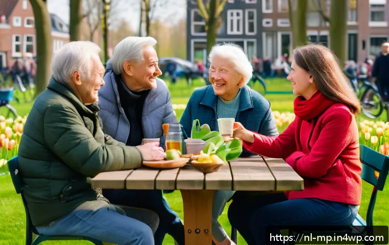 마이크로커뮤니티의 상호작용 촉진 방안 - A cozy, warm community gathering in a Dutch neighborhood park during early spring, showing a diverse...
