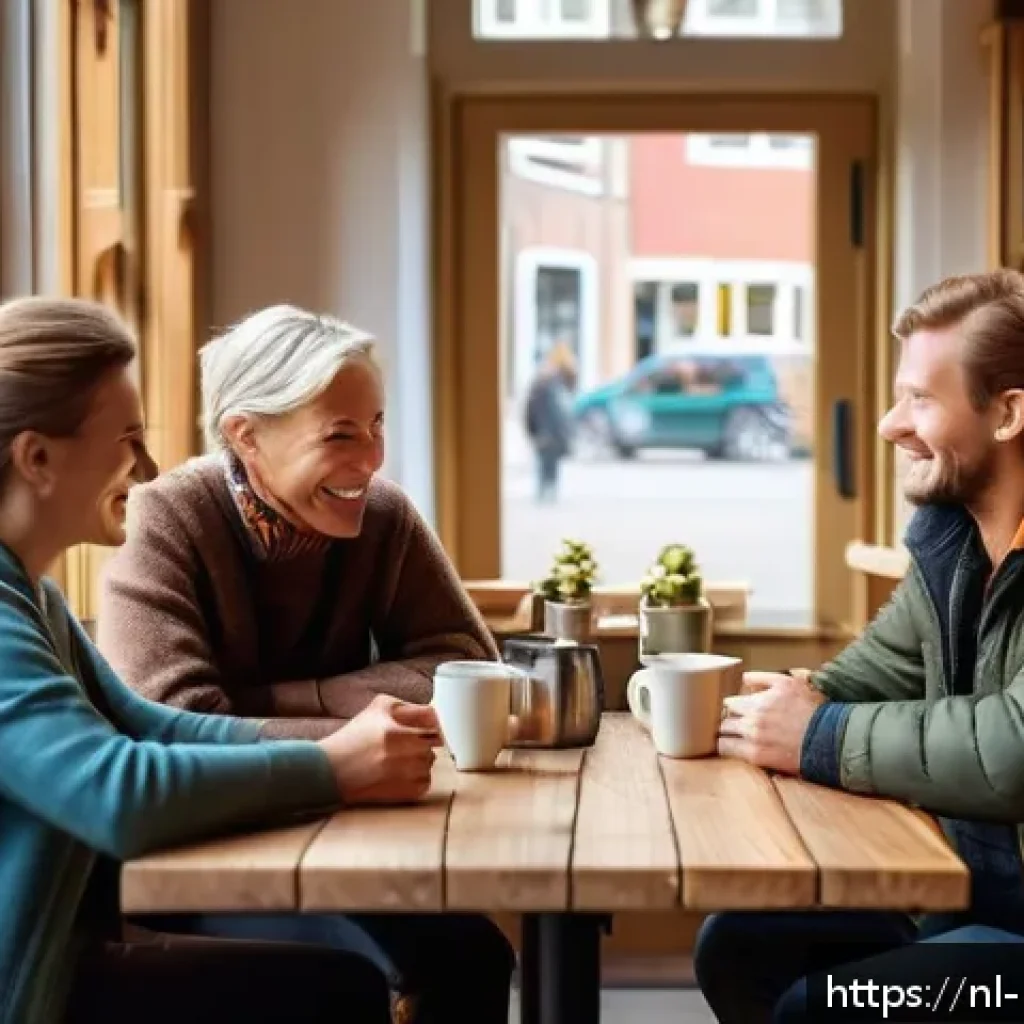 마이크로커뮤니티에서의 관계 형성 전략 - A cozy Dutch café scene with a diverse group of adults in casual clothing engaged in a lively, meani...