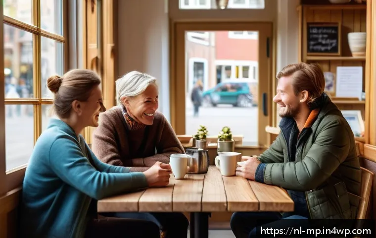 마이크로커뮤니티에서의 관계 형성 전략 - A cozy Dutch café scene with a diverse group of adults in casual clothing engaged in a lively, meani...