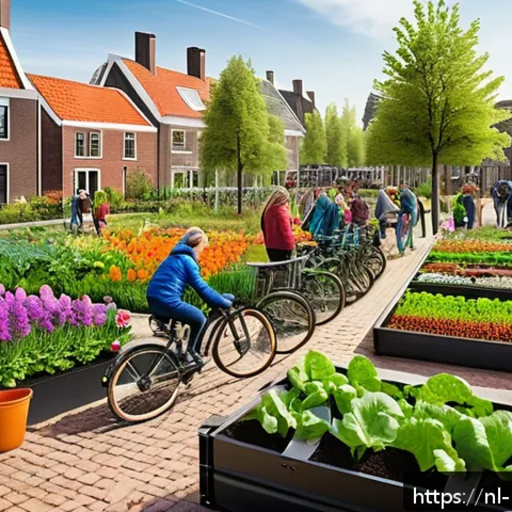 마이크로커뮤니티의 트렌드와 전망 - A vibrant Dutch neighborhood community garden scene during springtime, showing diverse adults and ch...