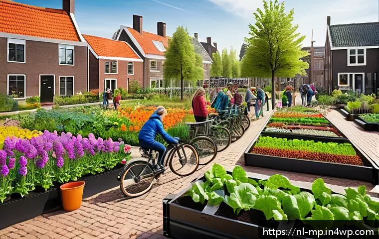 마이크로커뮤니티의 트렌드와 전망 - A vibrant Dutch neighborhood community garden scene during springtime, showing diverse adults and ch...