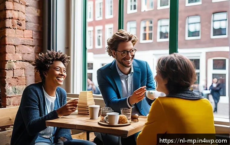 마이크로커뮤니티에서의 비즈니스 성장 전략 - A vibrant local community meet-up in Amsterdam featuring a diverse group of adults casually dressed,...