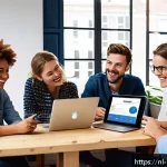 Home 18 회원 참여를 유도하는 마이크로커뮤니티 운영법 - A diverse group of Dutch professionals engaged in a vibrant online community discussion, shown on mu...