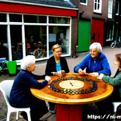 마이크로커뮤니티의 장기 전략 수립하기 - Photorealistic documentary-style scene inside a bright neighborhood community hub in Utrecht, a dive...