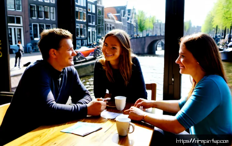 마이크로커뮤니티의 비즈니스 연계 전략 - Photorealistic Dutch neighborhood micro-community business meeting in a bright Amsterdam canal-side ...