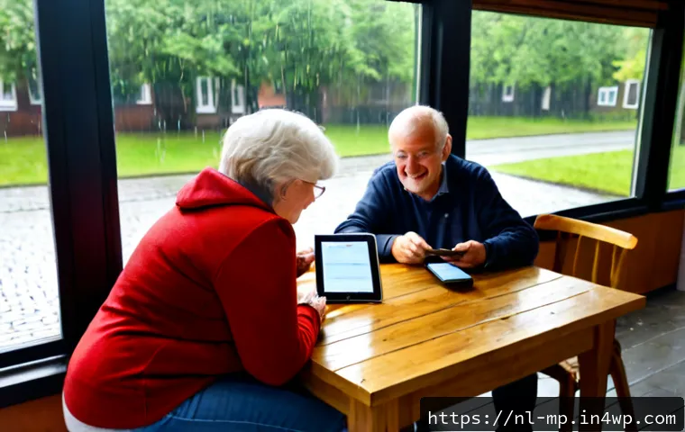 Home 17 마이크로커뮤니티의 온라인과 오프라인 통합 - Photorealistic cozy Dutch neighborhood community hub, a small diverse group of adults and seniors ga...